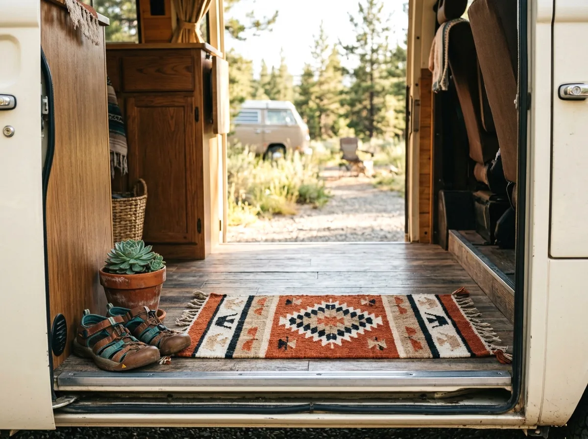 a patterned area rug at the entry step
