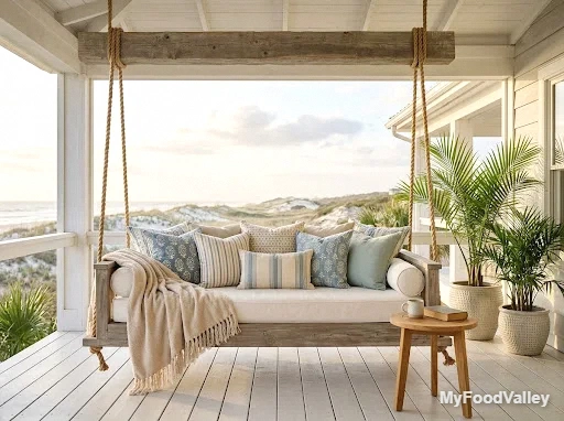 a porch swing daybed with bohemian cushions