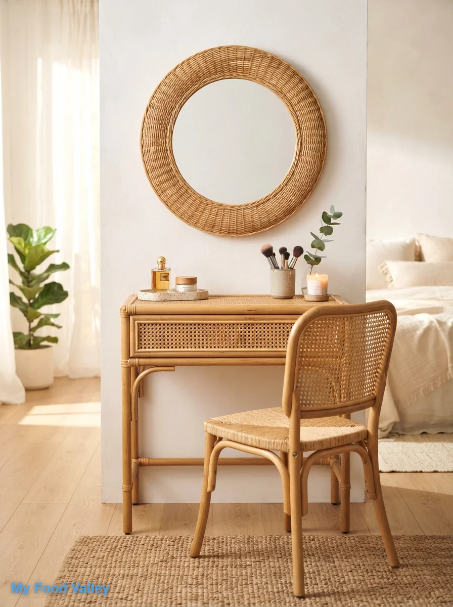 a rattan and cane vanity table with getaway vibes