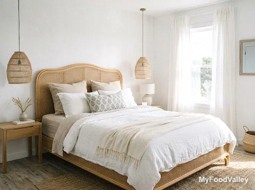 a rattan bed frame with layered linen bedding