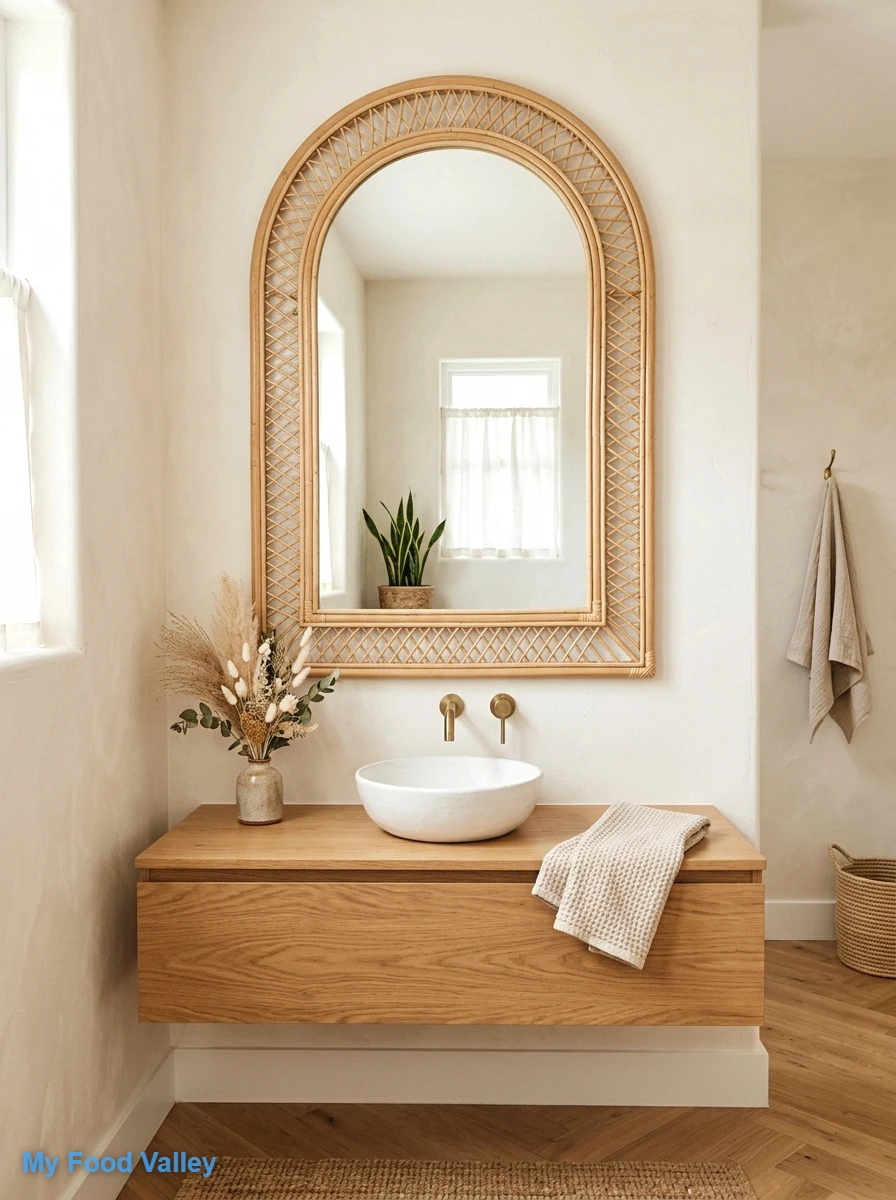 a rattan-framed arched mirror as the showstopper