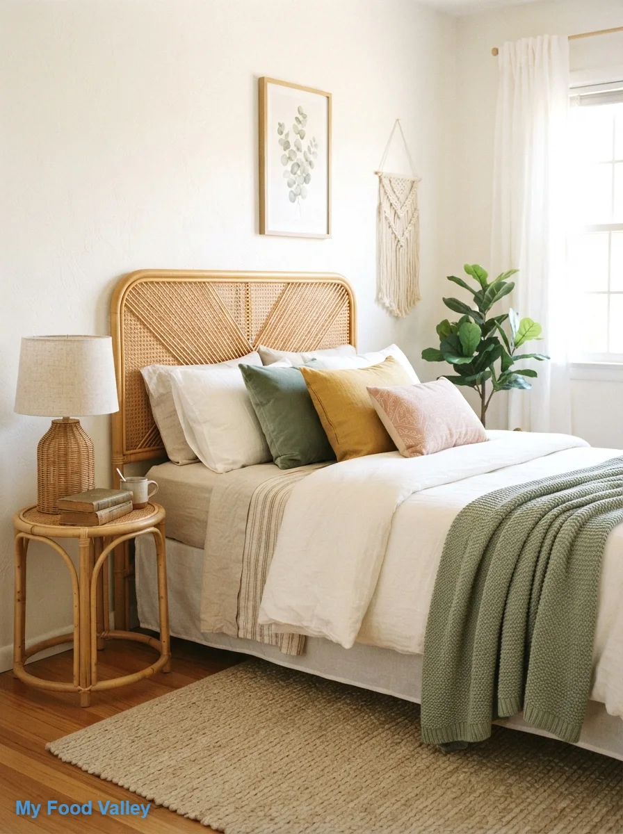 a rattan or cane headboard that anchors the bed