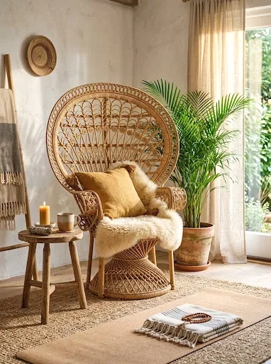a rattan peacock chair meditation nook