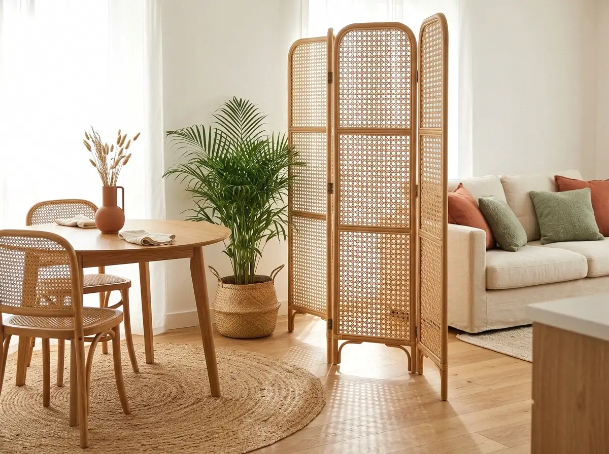 a rattan room divider for an open-plan space