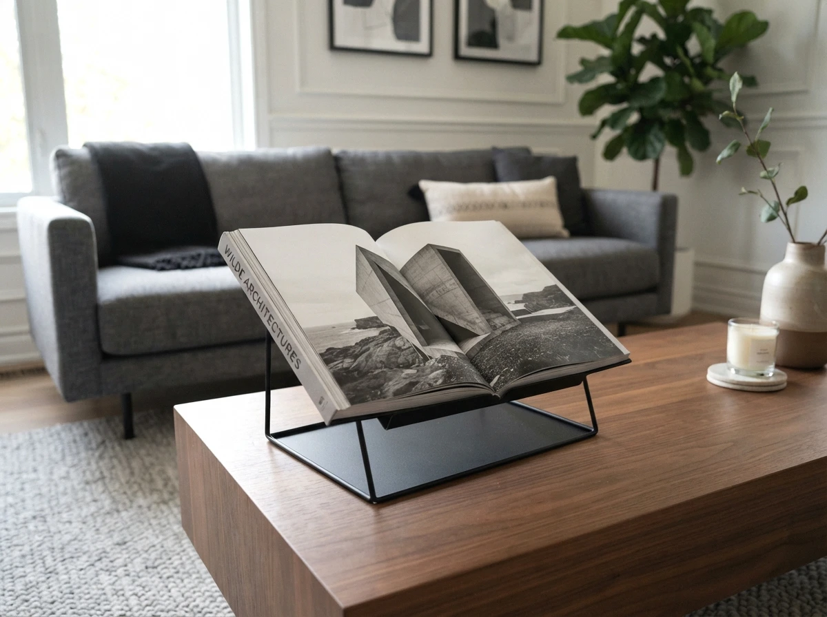 a sculptural coffee table book stand