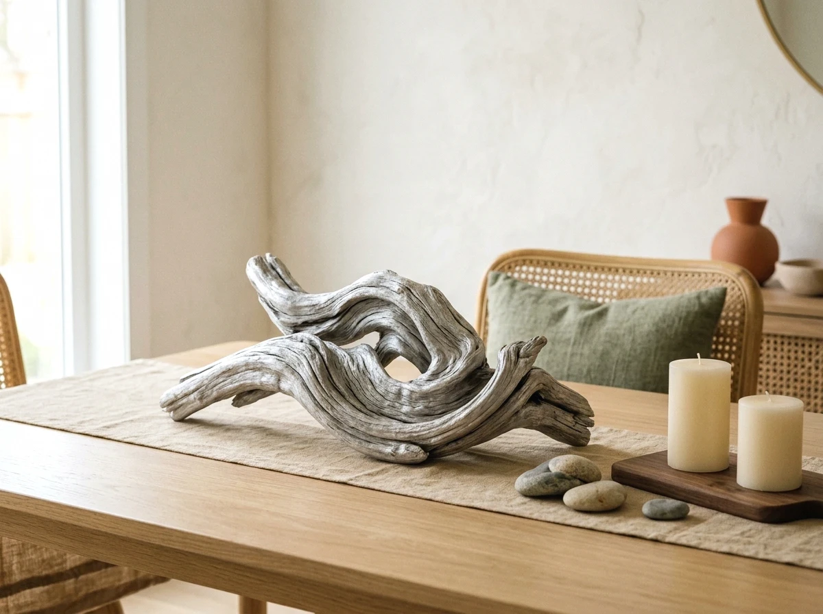 a sculptural driftwood or branch centerpiece