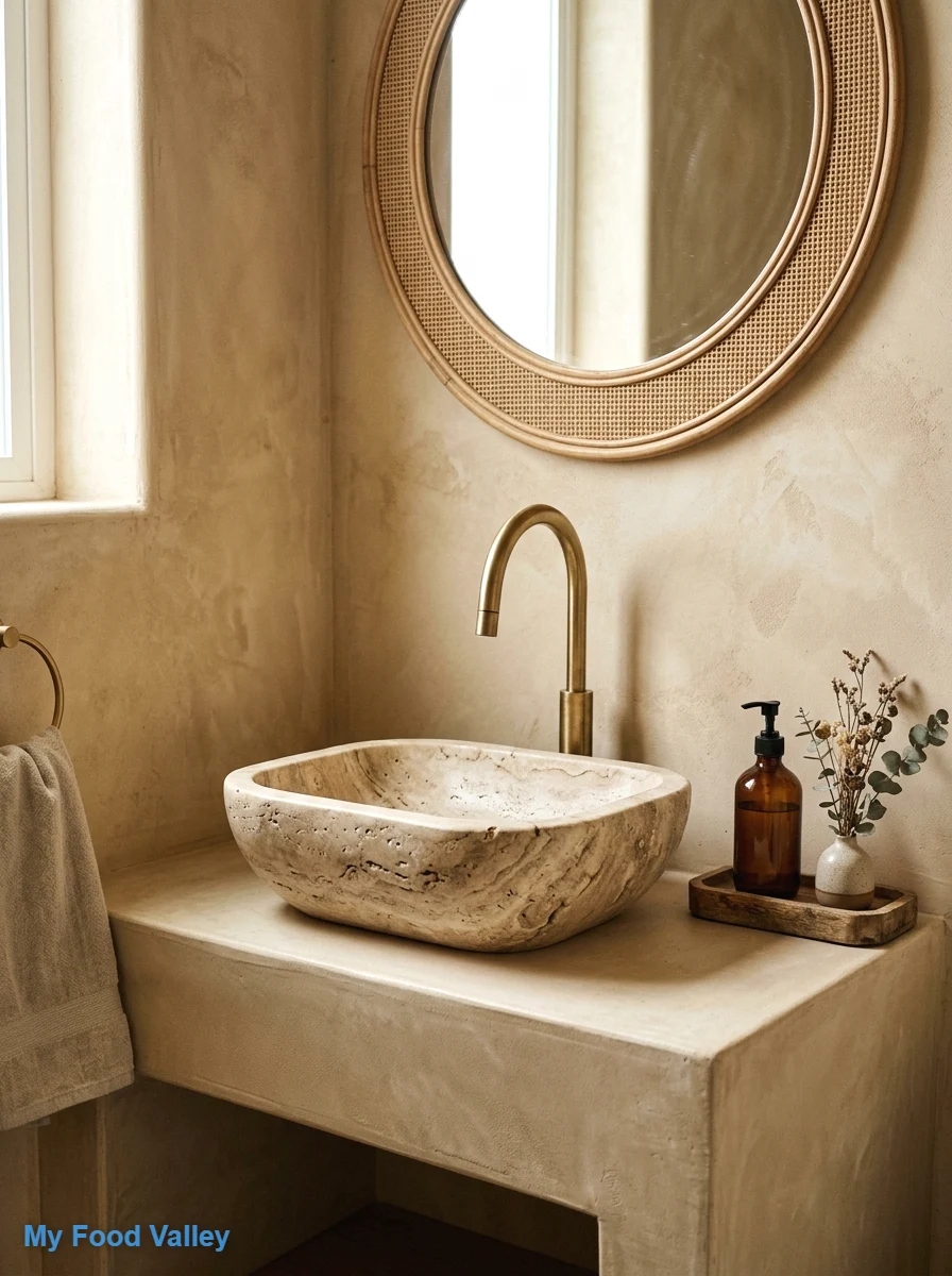 a sculptural stone or terrazzo vessel sink