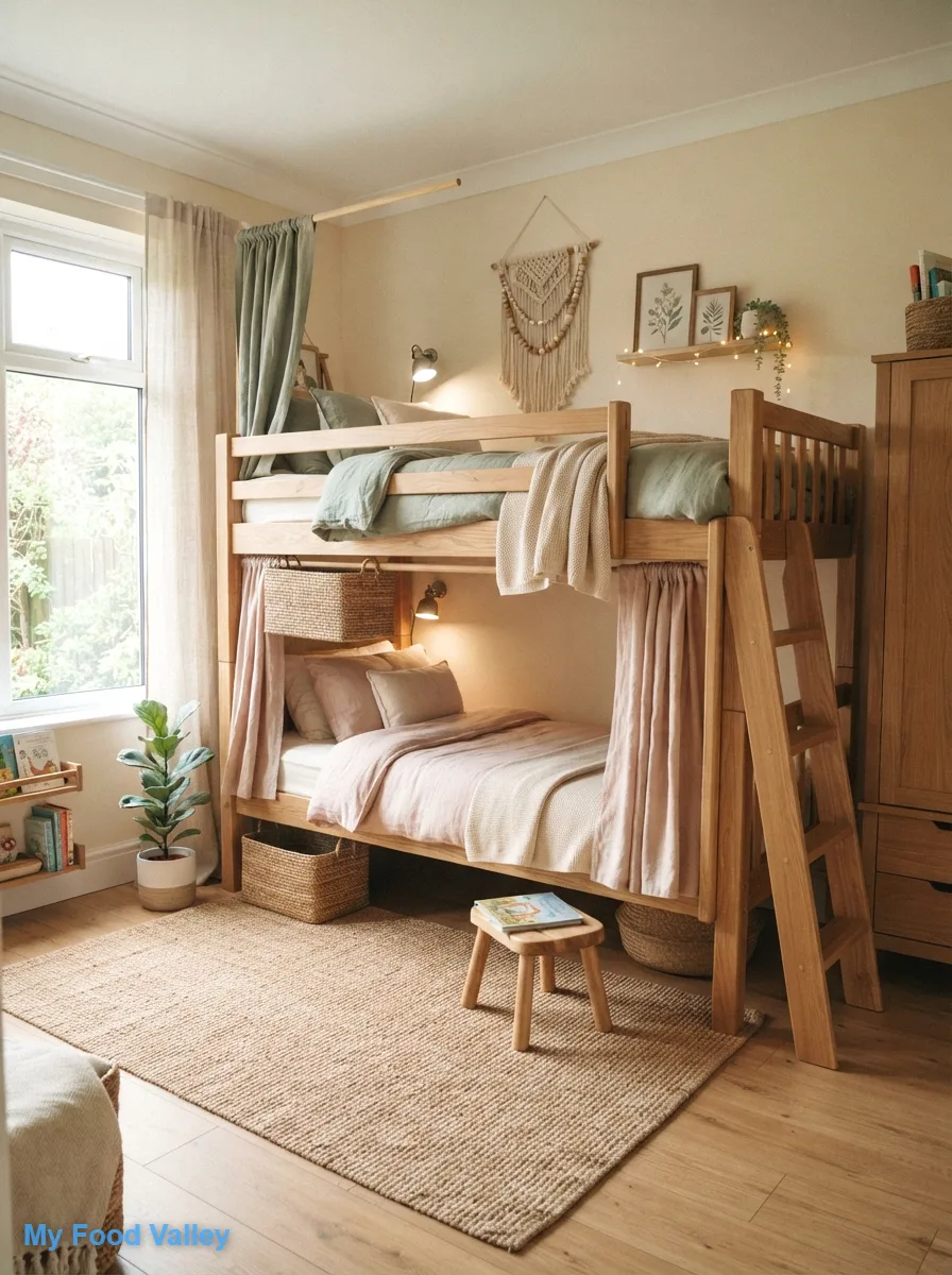 a shared room setup with boho bunk beds