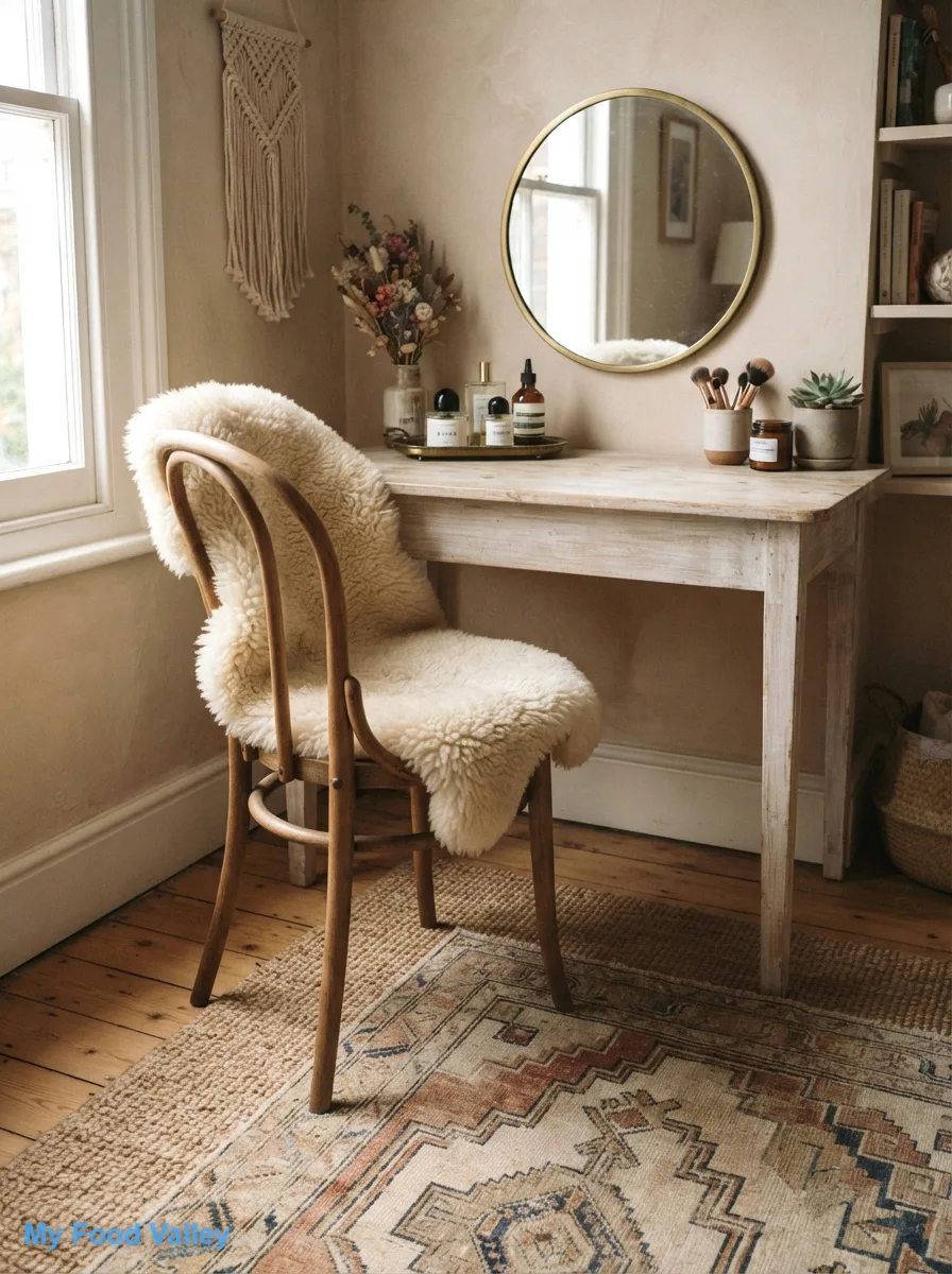 a sheepskin-draped chair and layered rug setup