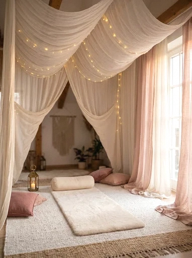 a soft canopy draped across the ceiling