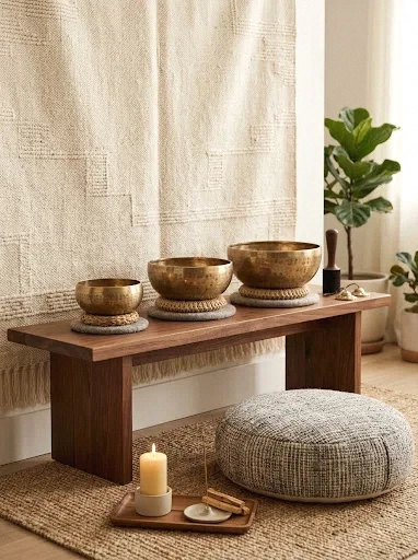 a sound bath corner with singing bowls