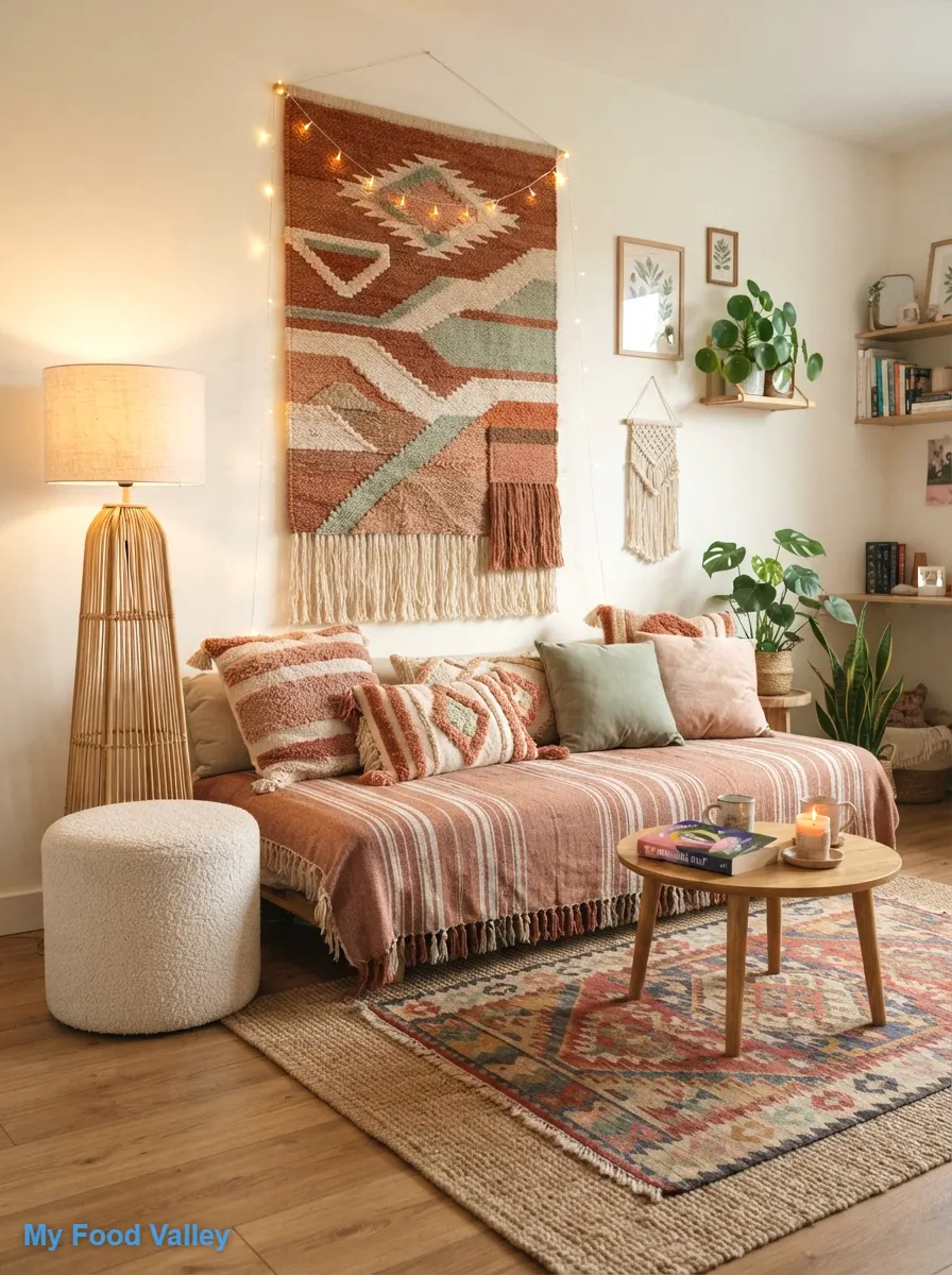 a tapestry wall and lounge corner for teens