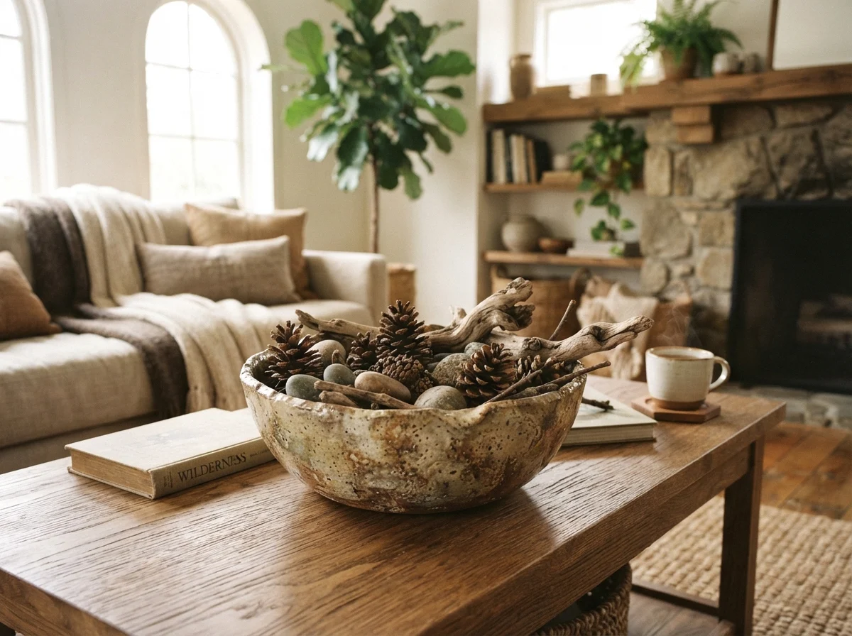 a textured ceramic bowl with natural elements