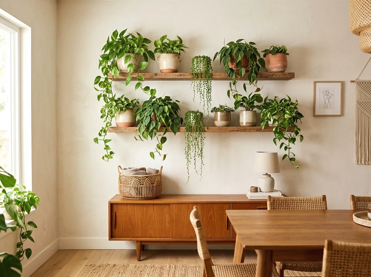 a trailing plant shelf above the sideboard