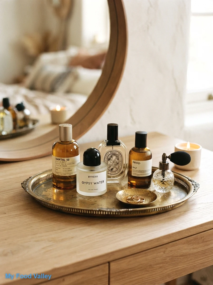 a vintage brass tray for perfumes and fragrances