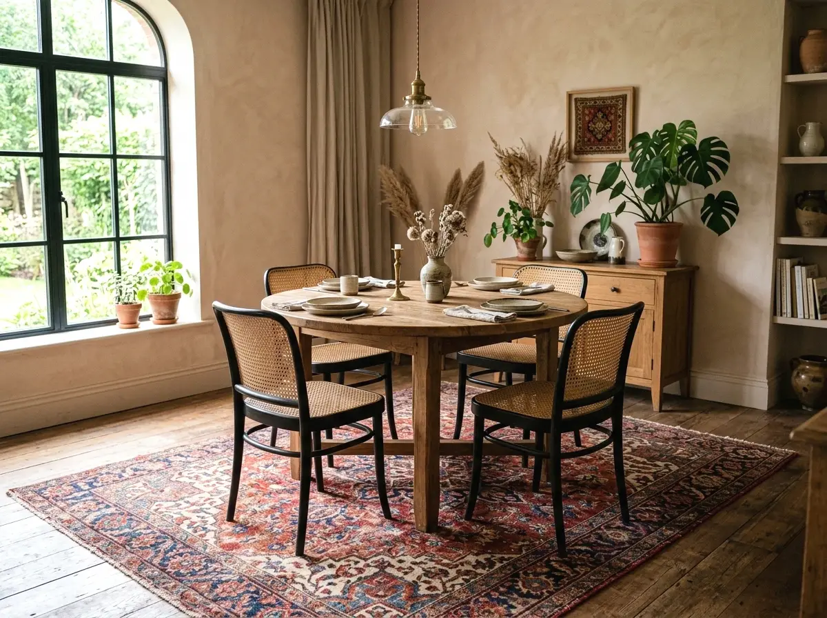 a vintage persian rug in faded jewel tones