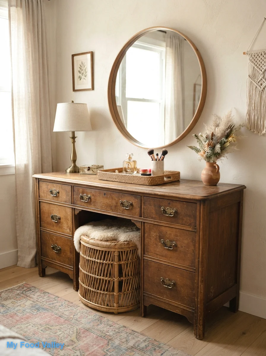 a vintage wooden dresser turned glam vanity