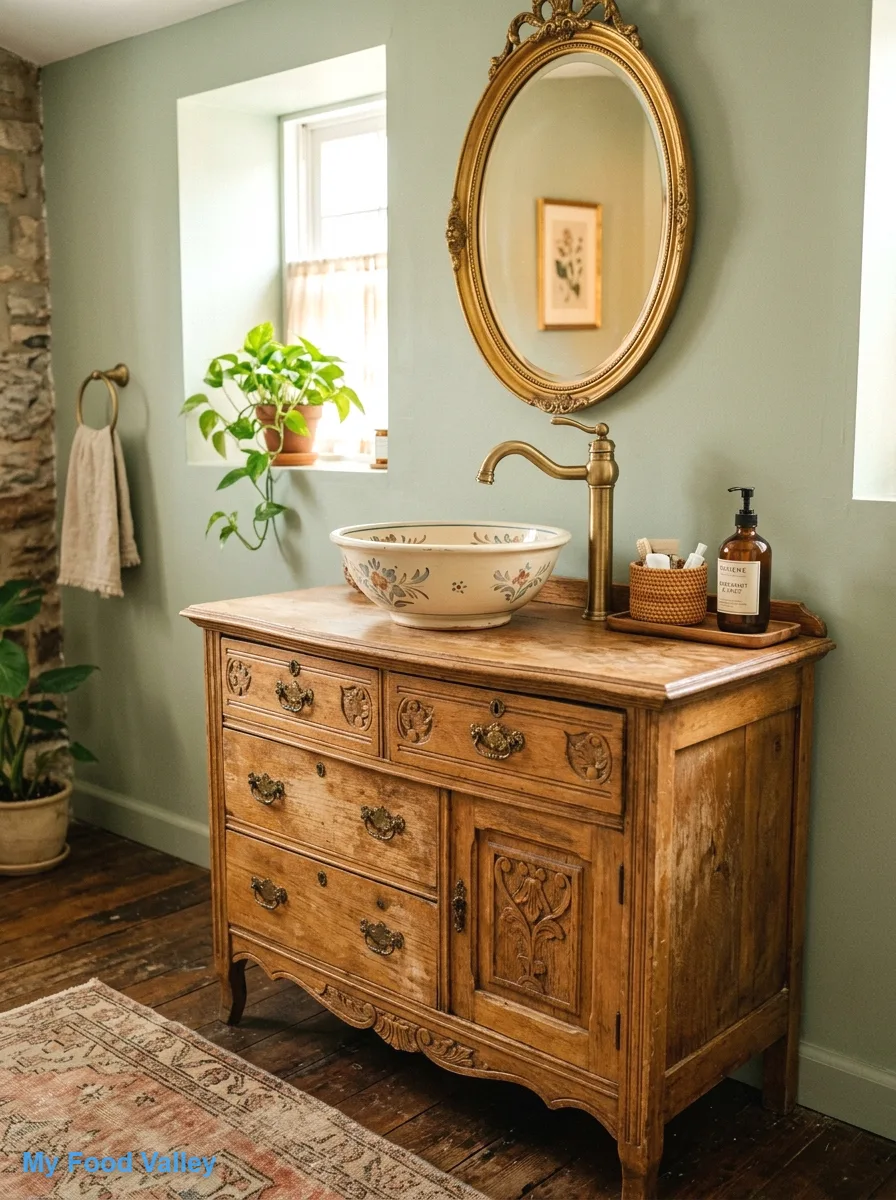 a vintage wooden dresser turned vanity