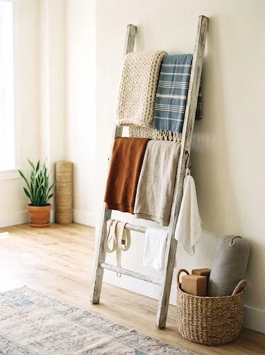 a vintage wooden ladder blanket rack