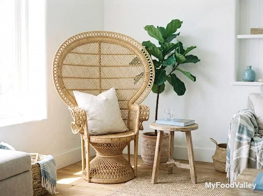 a wicker peacock chair as a statement piece