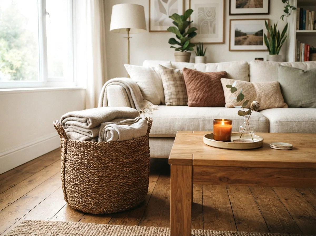 a woven basket for throw blankets beside the table