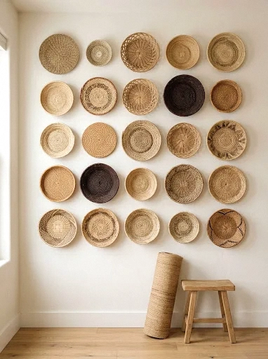 a woven basket wall gallery that adds texture without clutter