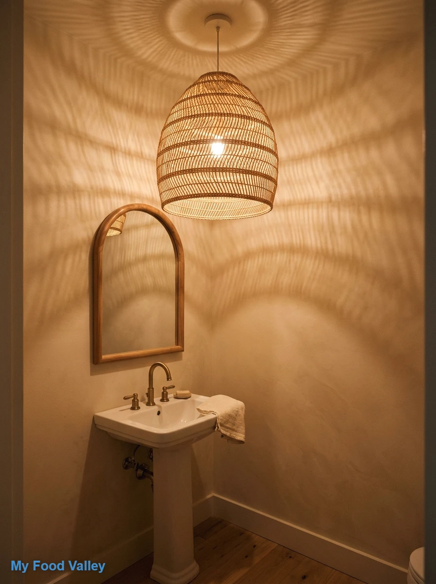 a woven rattan pendant light that casts warm shadows