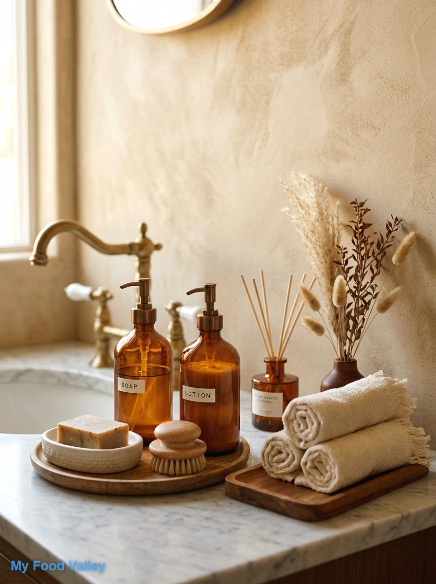 amber glass apothecary styling on the vanity