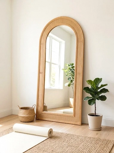 an arched rattan mirror that doubles your light