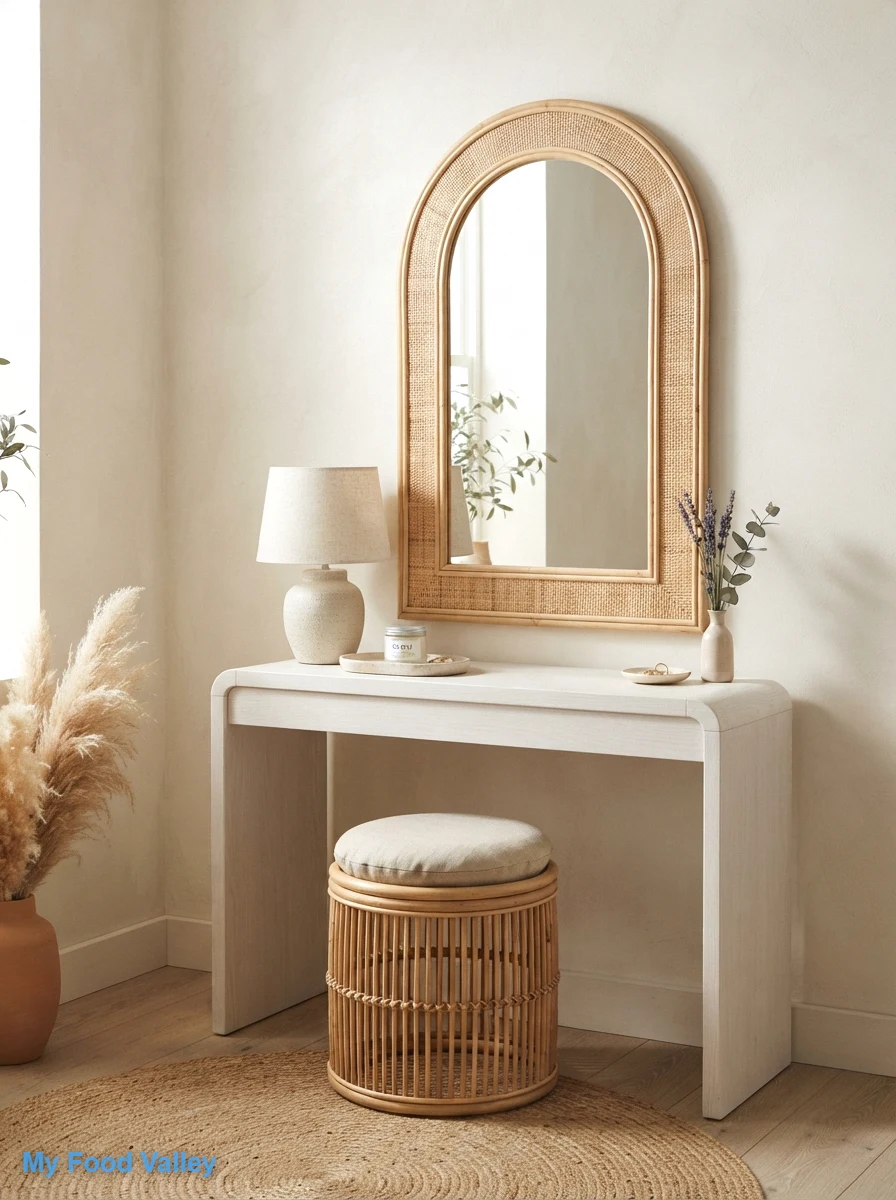 an arched rattan mirror that frames your glow