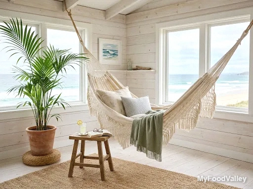 an indoor hammock reading nook