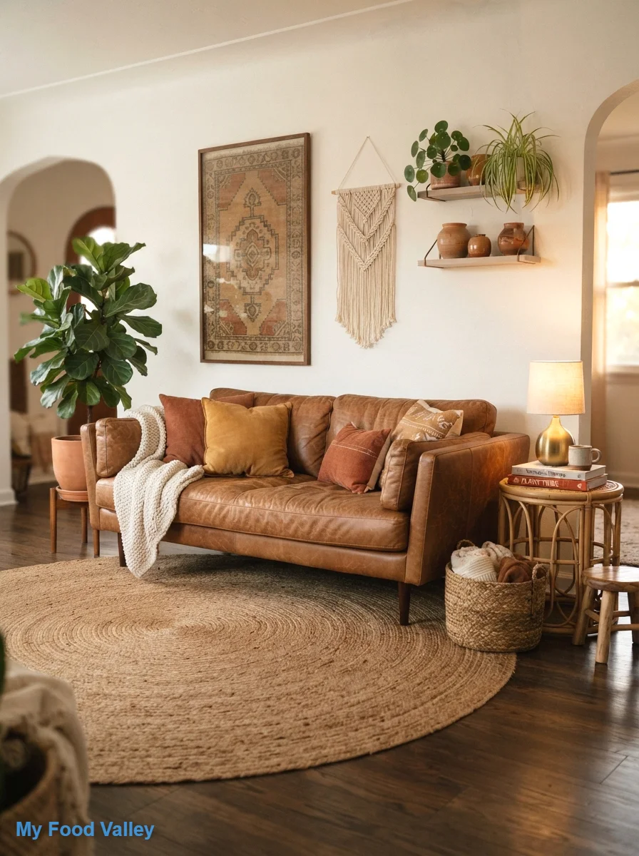 anchor the room with a cognac leather sofa