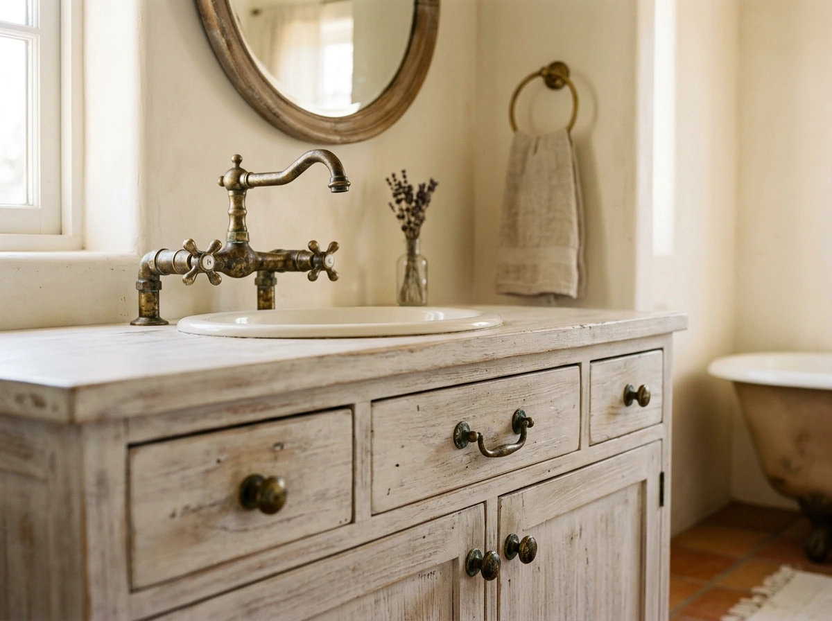 antique brass fixtures on a whitewashed vanity