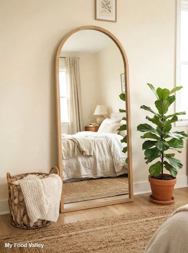 arched full-length mirror leaning against the wall