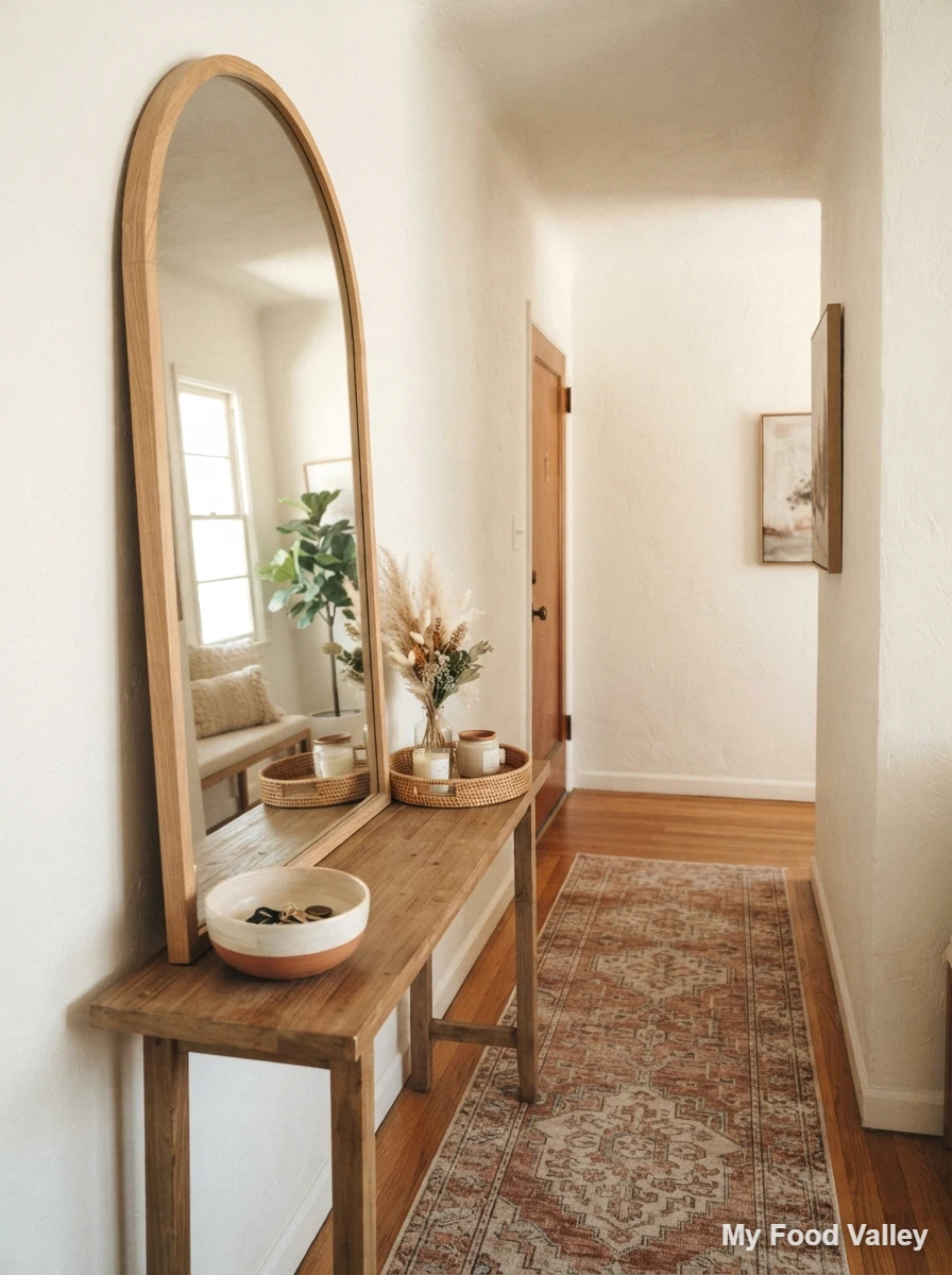 arched mirror to brighten a narrow hallway