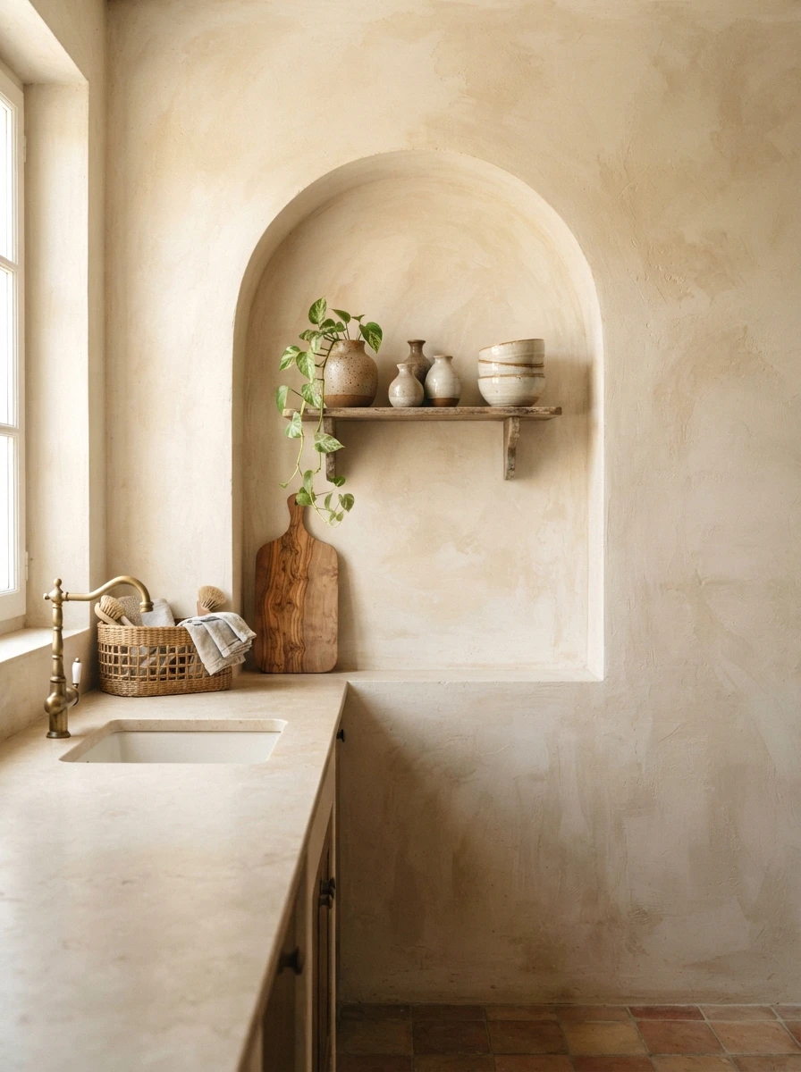 arched niche display in warm plaster walls
