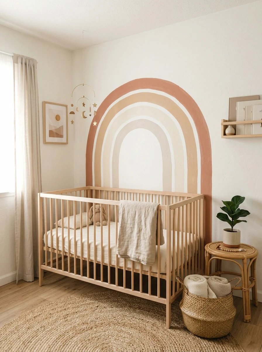 arched wall mural in warm neutrals