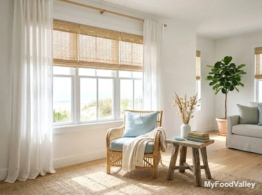 bamboo blinds and sheer linen curtains