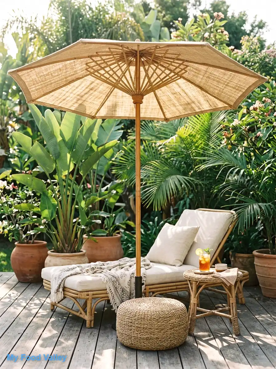 bamboo-ribbed umbrella with a natural wood pole