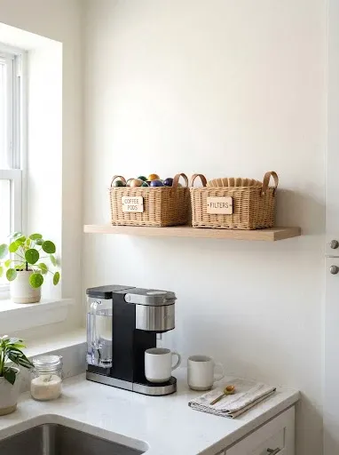 basket storage on a slim open shelf