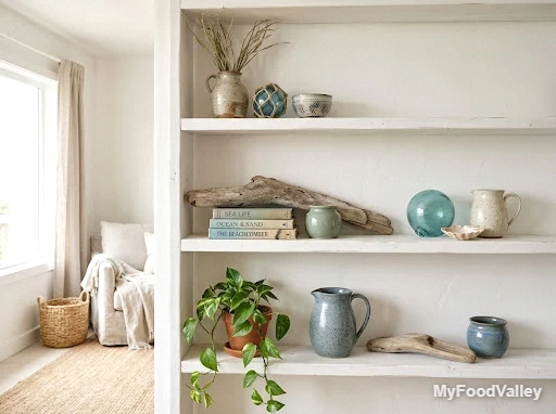 beachcomber shelf styling with ceramics and found objects