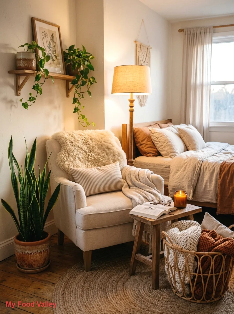 bedroom corner nook with sheepskin and plants