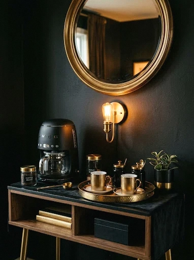 black and gold coffee bar