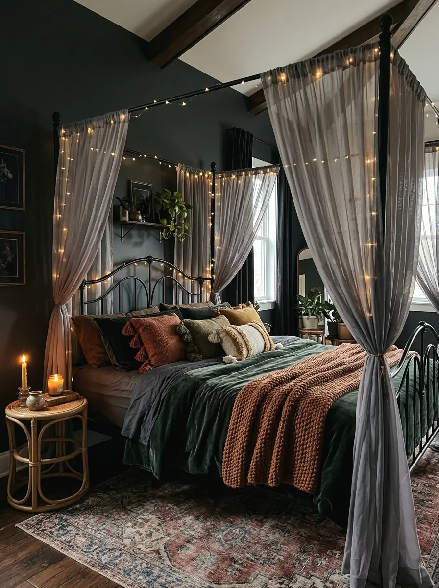black canopy bed with sheer drapes