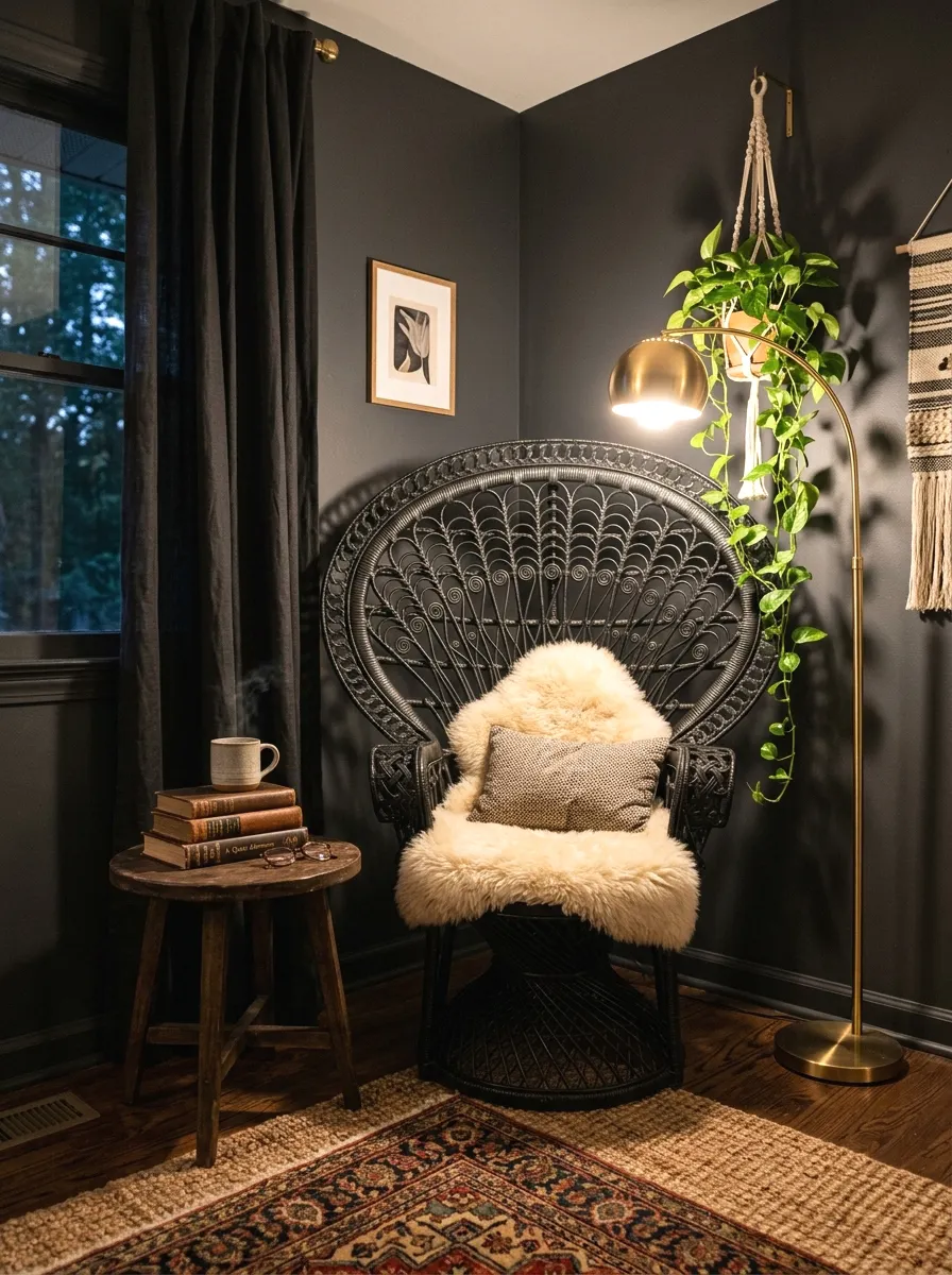black rattan peacock chair reading nook