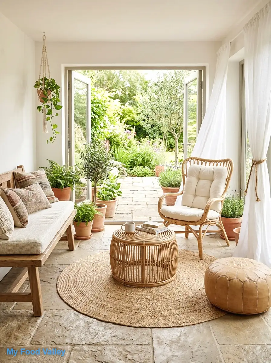 blend indoors and out with natural stone and outdoor-safe fabrics