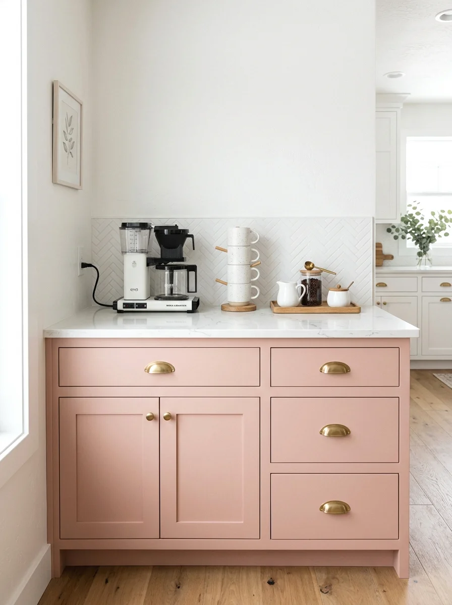 blush pink cabinet coffee bar