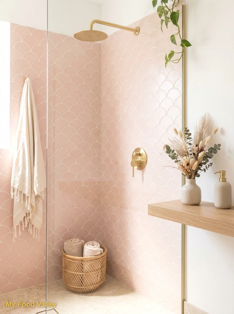 blush pink scalloped tiles for a softer boho look