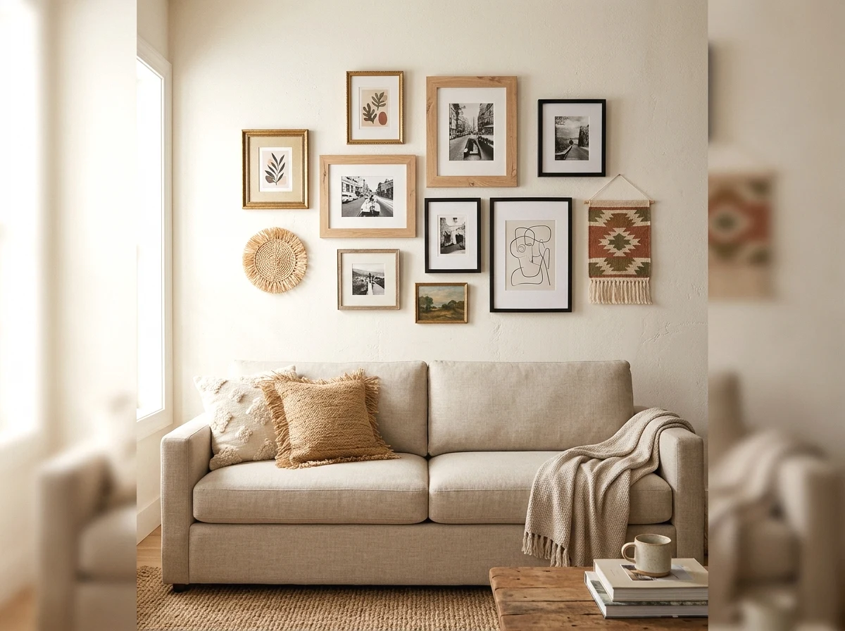 bohemian gallery wall behind a neutral sofa