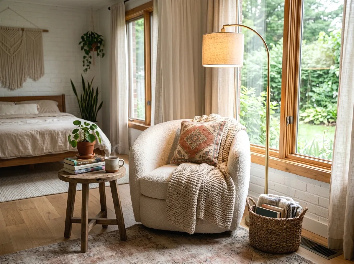 boho bedroom with a cozy reading nook